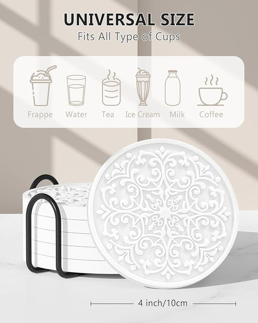 Drink Coasters, Coasters Set of 6 for Cup with Holder, Non-Slip Silicone Cup Mats for Hot and Cold Drinks, Cute Absorbent Coffee Bar Accessories Table Decor, White