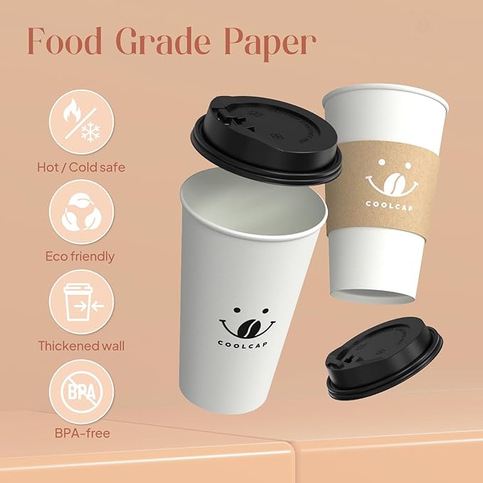 Coolcap Coffee Cups with Lids and Sleeves, 16 Ounce 100 pack To Go Coffee Cups with Lids, Disposable Hot Coffee Paper Cups Bulk for Hot Beverage (16 Ounce, White) | with Lids, and Sleeves, To Go Coffee Cups, with Lids, Bulk, for Hot Beverage