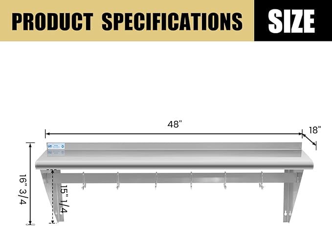 Hally Stainless Steel Shelf with 6 Hooks 18" x 48" Wall Mounted Pot Rack 400lb, NSF Commercial Floating Shelving for Storage Hanging Pots, Pans, cookware in Restaurant, Kitchen, Home and Hotel
