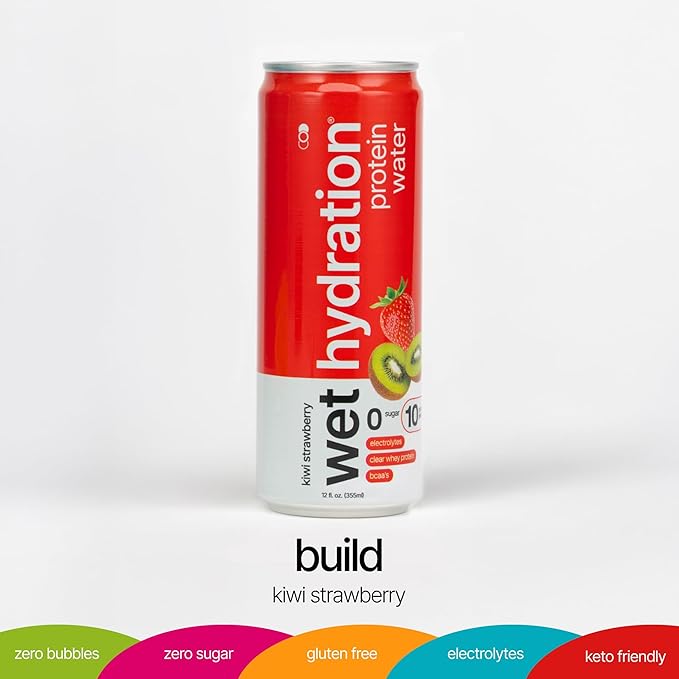 Wet Hydration Protein Water | Electrolyte Drink with Clear Whey Protein & BCAAs - Kiwi Strawberry Flavor (12oz Cans, Pack of 12) | Zero Sugar, 10g Protein, Low Calorie, Functional Hydration