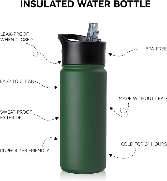 16 oz Insulated Water Bottle Bulk 8 Pack, Straw & Spout Lid, Keep Cold 24H, Spill Proof, BPA-Free, Double Wall, Stainless Steel Kids Water Bottles for School, Sports, Dark Green