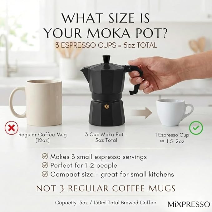 Mixpresso Black 3 Cup Moka Pot Cuban Coffee Maker, Moka Pot for Gas, Electric Stove Top, Classic Italian Coffee Maker, Stovetop Espresso Maker, Camping Pot Makes 3 Espresso Cup 5 Oz