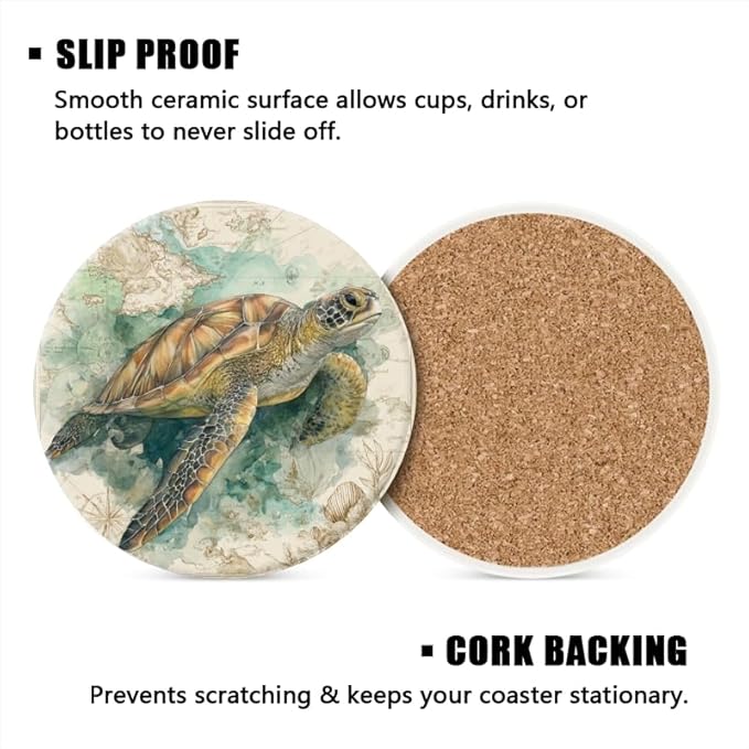 Ocean Coasters Set of 6,Absorbent Drink Coasters Cork Base Non-Slip Coasters,Marine Animal Coastal Beach Decor Coasters,for Apartment Kitchen Bar Decor,for Dining Tables Coffee Table,4in