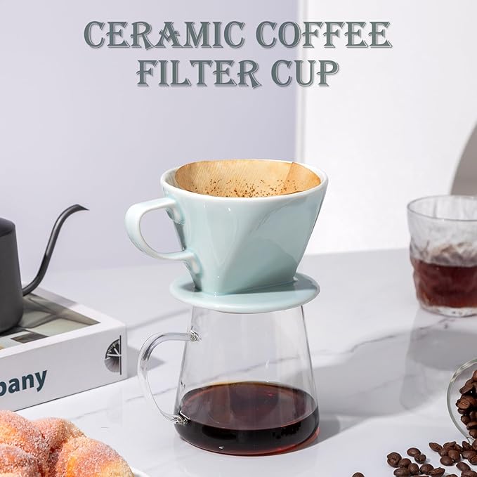 Pour Over Coffee Dripper, Ceramic Pour Over Coffee Maker with 3 Holes Flat Bottom, Easy Manual Brew Maker, Porcelain Slow Filter Cone for Travel, Camping, Office, Home, Green