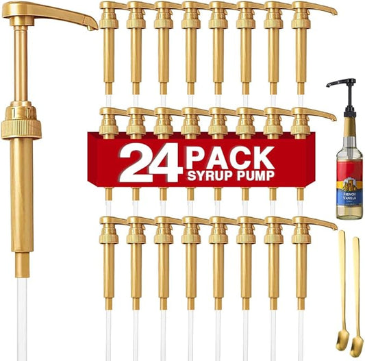 24 Packs Coffee Syrup Pump Dispenser, Fits 25.4 Oz/750ml Coffee Flavoring Syrup Bottles, No Dripping, Great for Home & Coffee Bar Drinking Mixes, Tea, Plus Spoons (Gold,5.23")