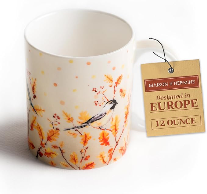 Maison d' Hermine Coffee Mug with Handles Fine Bone China Mugs Pack of One Tea Cups for Hot Beverages Cappuccino Latte Home Restaurant Office Perfect for Gift (Oak Leaves - Jaya & Friends, 12 Ounce)