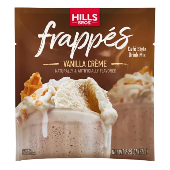 Hills Bros. Frappés Instant Drink Mix – Indulgent Café-Style Beverage – Gluten-Free, Kosher-Certified – Easy to Make Hot or Cold – Premium, Rich Taste, Gourmet Coffee Experience – Vanilla Crème, 2.3 oz ( Pack of 12 )