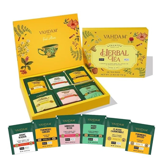 VAHDAM, Assorted Herbal Tea Variety Pack (6 Variants, 36 Tea Bags) Caffeine Free, Gluten Free, Non GMO | Eco Friendly Long Leaf Pyramid Tea Bags I Valentines Day Gift Set for Him & Her