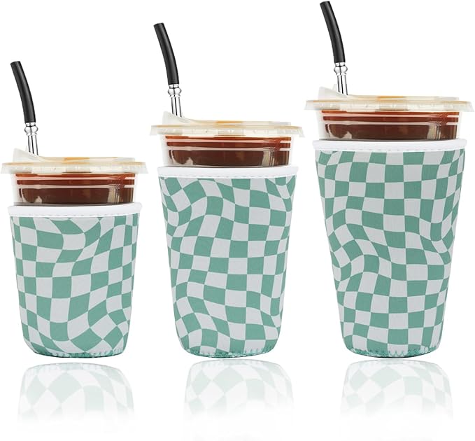 Reusable Insulated Neoprene Iced Coffee Cup Sleeve, Durable Drink Sleeve for Cold Beverages, Beverage Holder for Iced Coffee, Wavy Grid