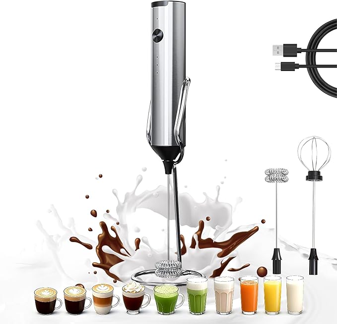 Upgraded Rechargeable Milk Frother Handheld, 3-Speed Electric Frother with 2 Whisks (Frother & Egg Whisk),304 Stainless Steel Drink Mixer for Coffee, Cappuccino, Hot Chocolate, Ideal Christmas Gift