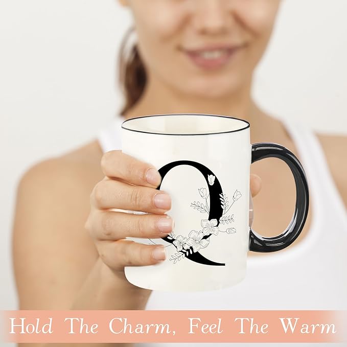 Monogram Ceramic Coffee Mugs, 11 oz Initial Drinking Cup with Gift Box, Unique Birthday Christmas Gifts for Women Wife Mothers Day Grandma Mom Aunt, Q
