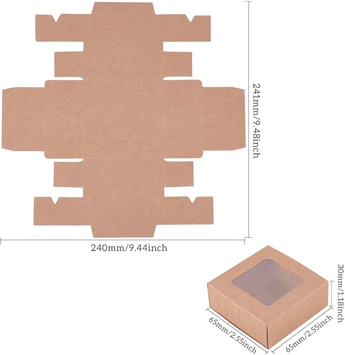 BENECREAT 24 Packs Square Kraft Paper Drawer Boxes with PVC Window Lid 2.5x2.5x1.2 Paper Gift Boxes for Bakery Party Favor Treats Storage
