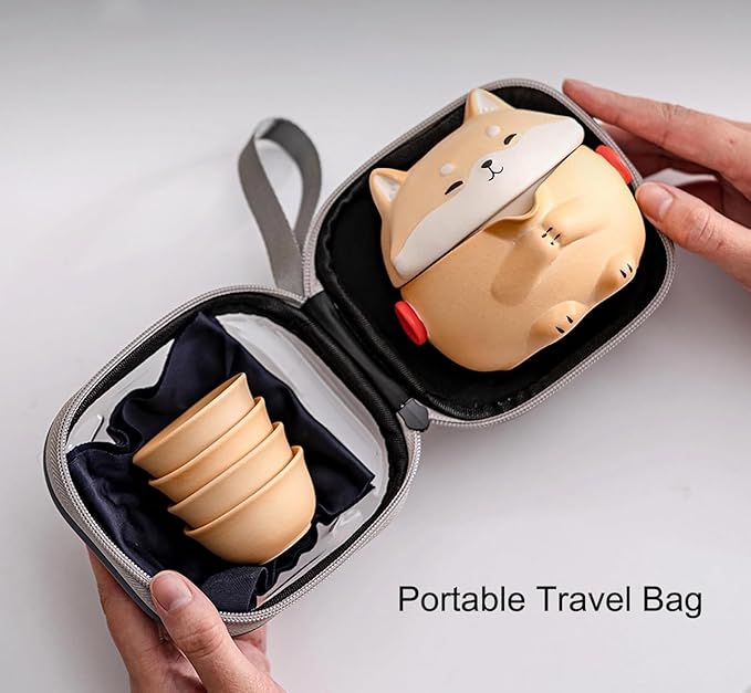 Mini Gaiwan Tea Set, Cute Dog Shiba Inu Teapot with Portable Bag for Travel, Chinese Ceramic Gongfu Teapot with 4 Ceramic Teacups. Gift for Tea Lovers.