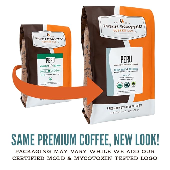 Fresh Roasted Coffee, USDA Organic Peru | 3rd Party Tested for Pesticides, Mold, Mycotoxins, Kosher | 100% Arabica, Specialty Grade, Med Roast 2 lb (32 oz) Whole Bean