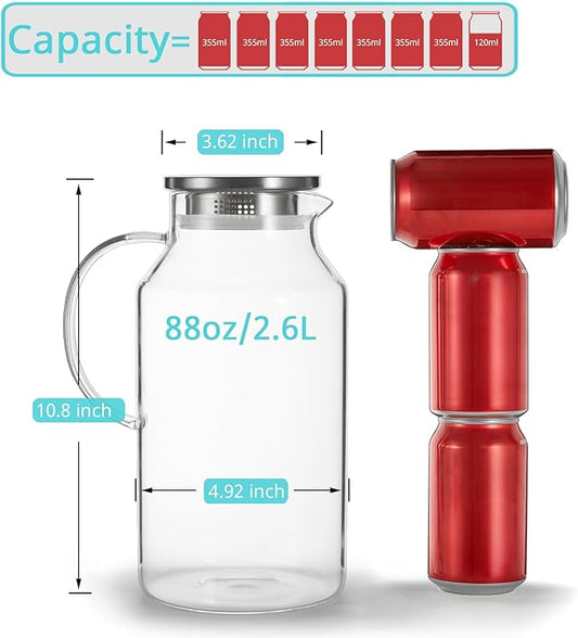 Bivvclaz 2.6 Liter 88 oz Glass Pitcher with Lid and Handle, Glass Water Carafe for Hot/Cold Water, Iced Tea Pitcher, Large Pitcher for Coffee, Juice and Homemade Beverage