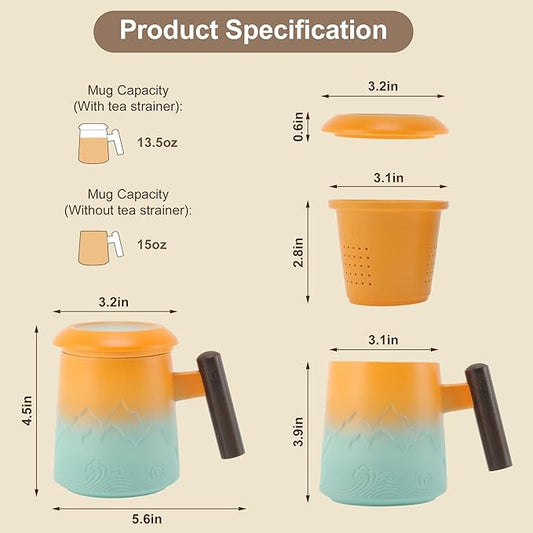 Tea Cup with Infuser, 13.5oz Ceramic Tea Infuser Mug with Wood Handle and Cup Lid, Tea Strainer Cup for Loose Leaf Steeping, Gold Tone&Green