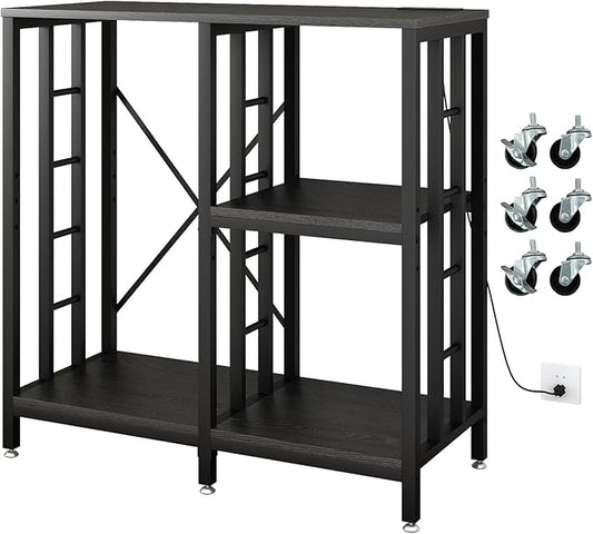 Adjustable Kitchen Bakers Rack with Power Outlet,4-Tier Microwave Stand Kitchen Cart,Mini Fridge Stand with Storage,Bar Cabinet,Suitable for Office,Coffee Bar,Living Room,Patio, Black