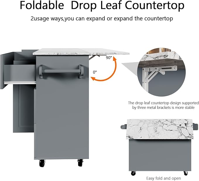 4 EVER WINNER Kitchen Island on Wheels with Storage and Drop Leaf, Marble Tabletop, 43" Kitchen Island Cart with Towel Rack & Spice Rack, Rolling Islands cart for Kitchen, Gray