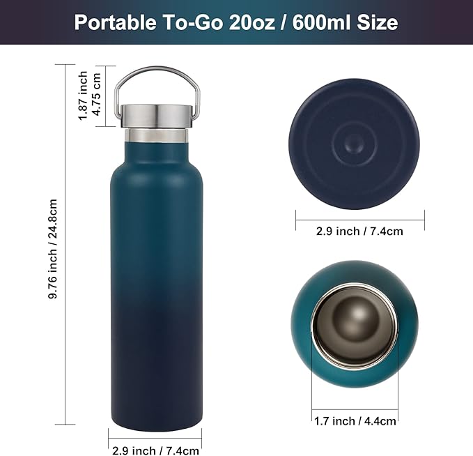 Neihepal 20 oz Insulated Water Bottles,Stainless Steel Double Wall Sport Bottle with Lid of Handle (8, Eight Color)