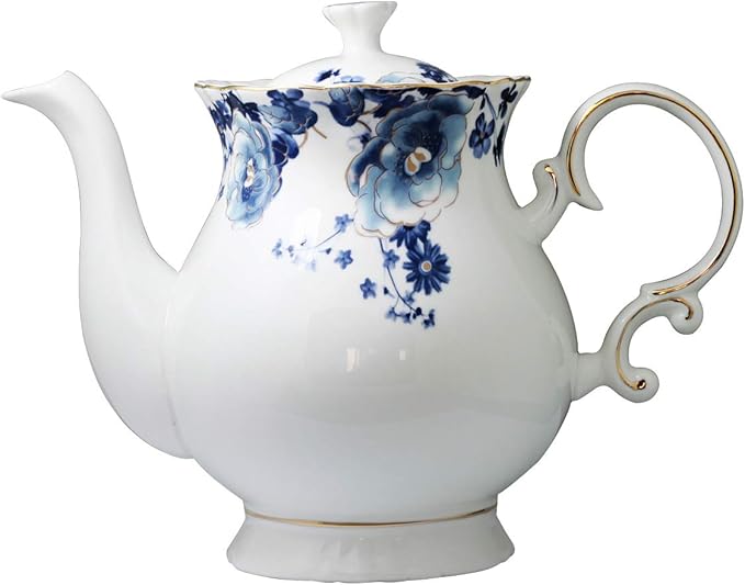 Jomop European Style Ceramic Flower Teapot Coffee Pot Water Pot Porcelain Gift Large 5.5 Cups (1, Blue and White)