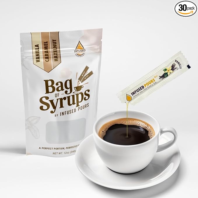 Single Serving Syrup Packets, Variety Pack, for Coffee and Cocktails - Flavors (10 Each): Vanilla, Caramel, Hazelnut - 6mL Each, 30 Count - Bag of Syrups by Infused Pours