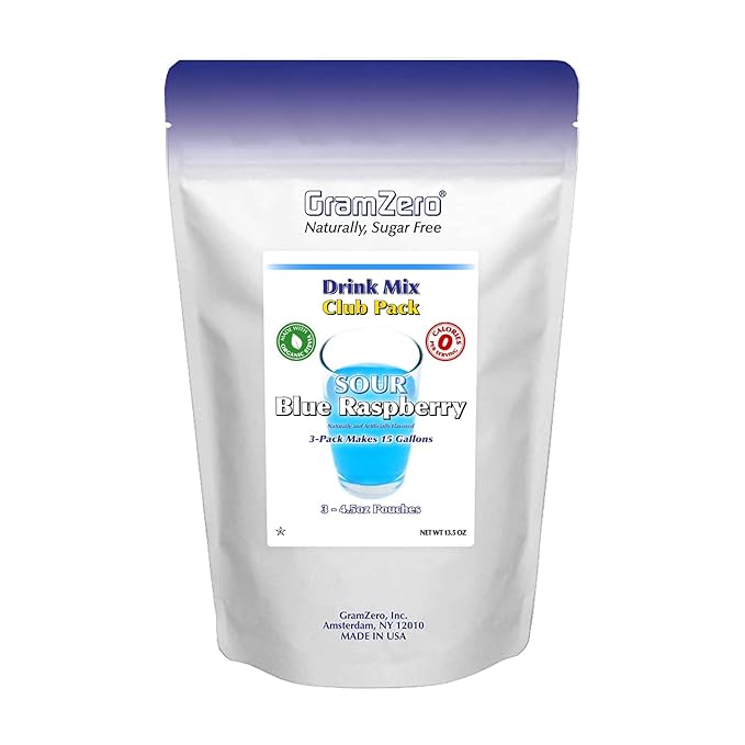 GramZero Sour Blue Raspberry Zero Calorie Sugar Free Drink Mix, Great For Nutrition Club Loaded Tea, Stevia Sweetened