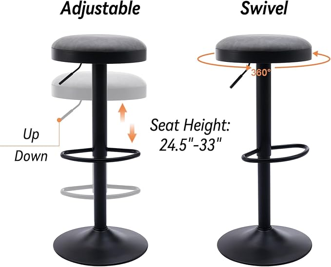 Round Swivel Counter Height Bar Stools Set of 3 Modern Adjustable Barstools Backless PU Leather Bar Chairs Industrial Island Chairs with Metal Base/Footrest for Kitchen Island/Pub/Bar, Grey