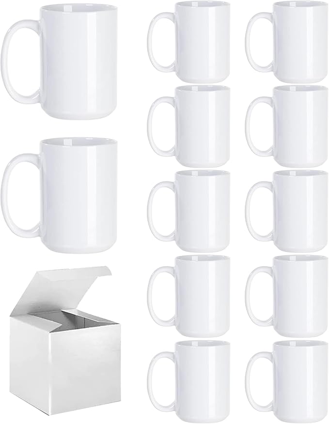 Sublimation Coffee mugs, 15 oz White Coffee Mugs Tazas Para Sublimacion Cups With Box for Coffee, Soup, Tea, Milk, Latte, Hot Cocoa Set of 12