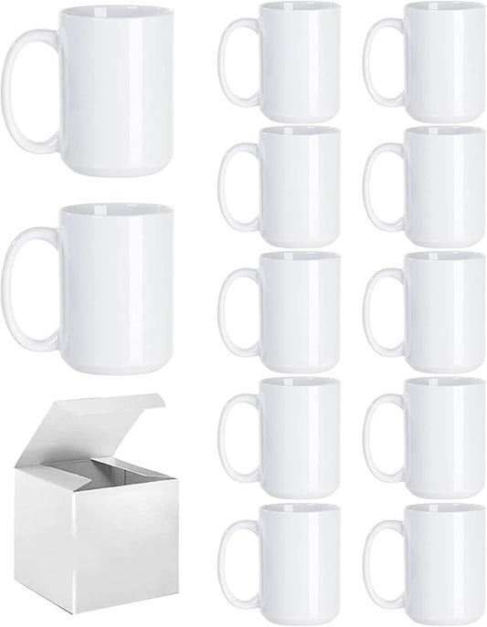 Sublimation Coffee mugs, 15 oz White Coffee Mugs Tazas Para Sublimacion Cups With Box for Coffee, Soup, Tea, Milk, Latte, Hot Cocoa Set of 12
