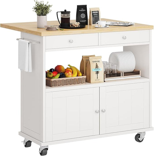 Rolling Kitchen Island with Folding Drop Leaf Breakfast Bar, 35.4'' W Kitchen Cart with Storage Cabinet and 2 Drawers, Portable Mobile Kitchen Island Table with Towel Rack, Lockable Wheels, White
