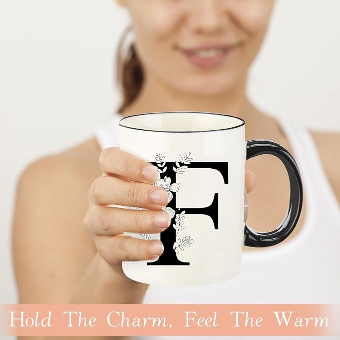 Monogram Ceramic Coffee Mugs, 11 oz Initial Drinking Cup with Gift Box, Unique Birthday Christmas Gifts for Women Wife Mothers Day Grandma Mom Aunt, F