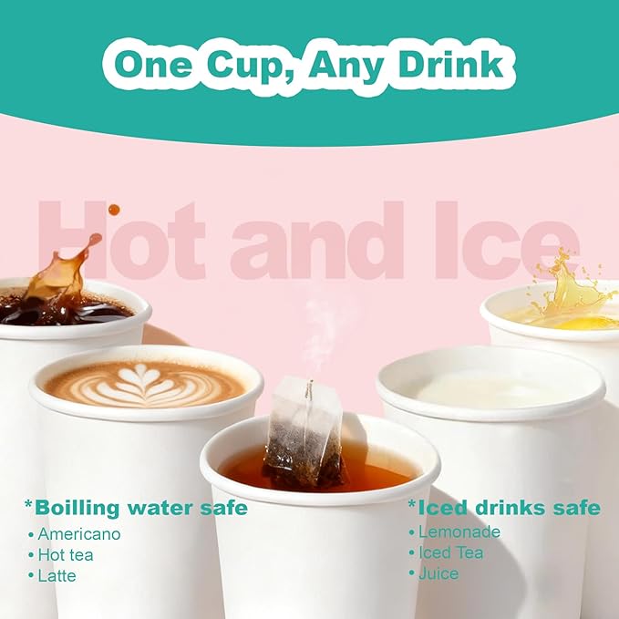 Coolcap 8 oz 500 Pack Disposable Coffee Cups, Bulk White Disposable Paper Cups, Coffee Cups for Hot Tea, Chocolate and Cold Drinks