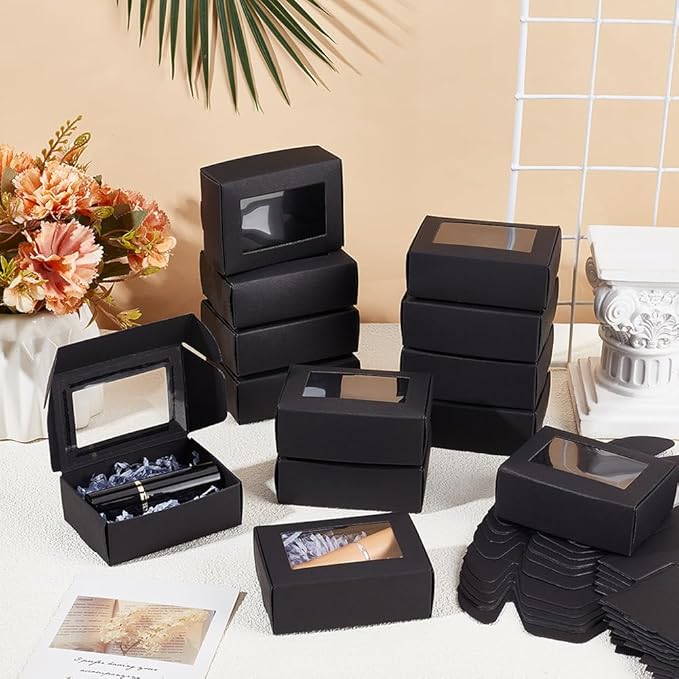 BENECREAT 30 Packs 3.4x2.4x1.1 Inches Rectangle Black Kraft Paper Boxes with Clear Windows for Party Favor Treats, Bakery, Jewelry, Christmas, Festival Gift Packaging