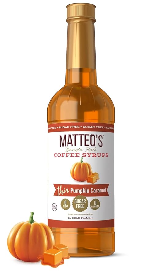 Matteo's Pumpkin Caramel Syrup for Coffee, Lattes, Cappuccinos & Desserts – Sugar-Free Sweetener for Beverages, Keto Friendly, Zero Calories, Indulgent Flavor, Non-Alcoholic, 33.8oz (1pk)