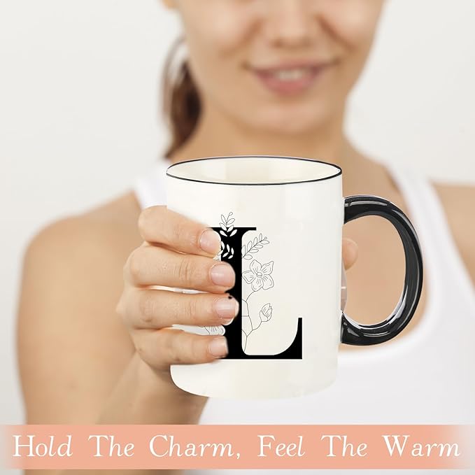 Monogram Ceramic Coffee Mugs, 11 oz Initial Drinking Cup with Gift Box, Unique Birthday Valentines Day Gifts for Women Wife Mothers Day Grandma Mom Aunt, L
