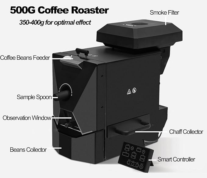 500g Coffee Roaster, Automatic Coffee Bean Roaster, Coffee Roaster Machine, Smokeless for Home Use, Commercial Cafe, Built-in Smoke Filter, Coffee Bean Cooler, Chaff Collector