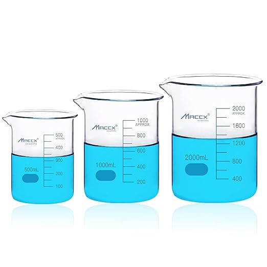 Sturdy Glass Beakers, 3 Sizes of 500ml 1000ml 2000ml,3.3 Borosilicate Griffin Low Form with Printed Graduation, BKLS05-003