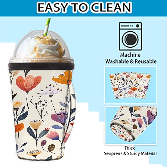 Reusable Iced Coffee Cup Sleeve Flowers Summer Neoprene Insulated Sleeves Cup Holder with handle Idea for 16oz - 18oz