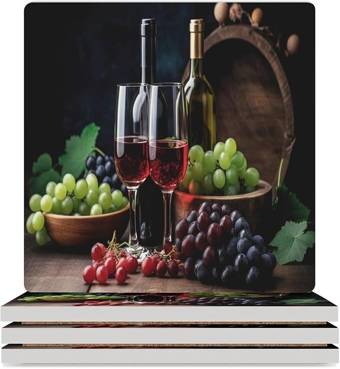 Red Wine Drink Coasters, Square Ceramic Drink Coaster Square-4PCS, Retro Wood Style Red Wine Bottle and Grapes Plant Pattern Decor Absorbent Ceramic Coasters for Beverage Cup, Bar, Coffee Table