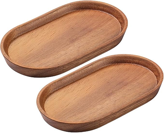 Mini Serving Trays for Parties, Small Decorative Tray for Tea＆Coffee, Oval Wooden Plates for Serving Food for Appetizer＆Vegetables for Bathroom 7.8"×4.6" (Acacia, Set of 2)