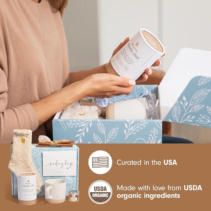 Unboxme Birthday Gift Basket for Women with Socks, Mug, Organic Chai Tea, Honey & Cinnamon, Relaxation Self Care Wellness Tea Gift Set for Mom, Sister, Best Friend
