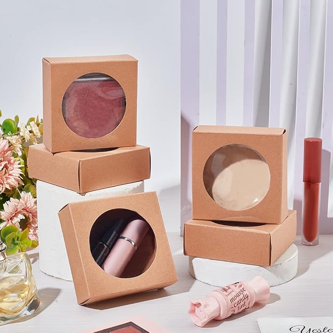 BENECREAT 24 Packs Brown Kraft Square Paper Boxes Gift Wrapping Box with Round Clear Window 3x3x1.2 for Homemade Soap, Party Favor Treats and Jewelry Packaging