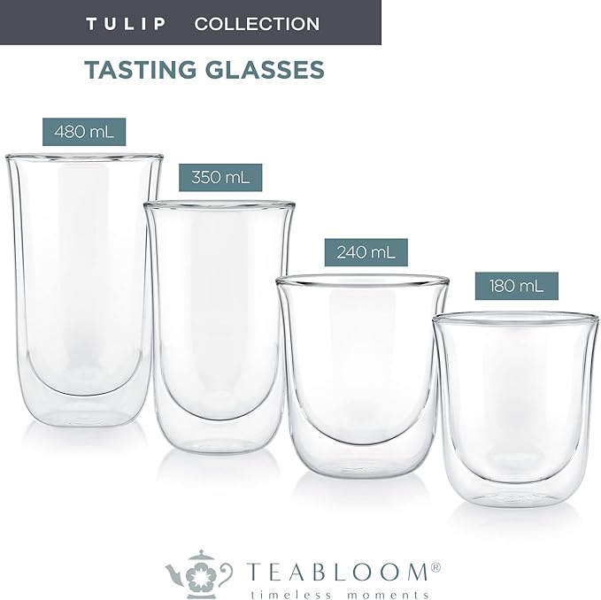 Teabloom Tulip Insulated Glasses for Tea, Espresso and Other Beverages - Double Walled Heatproof Glass Maintains Drinks Hot/Cold, 6 oz (Set of Two)