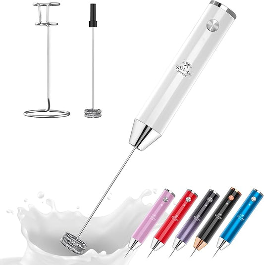 Zulay Kitchen Rechargeable Milk Frother Handheld Lux - Powerful 2-Speed Motor, Waterproof, 2000mAh Battery - Drink Mixer for Latte, Cappuccino, Matcha & Protein Powder - Snow White