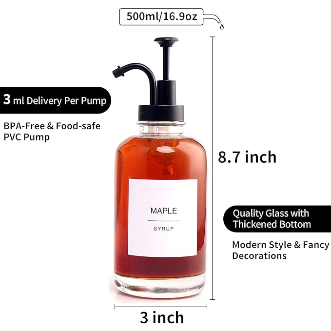 Glass Syrup Pump Bottle Dispenser for Coffee Bar Accessories with 84 Labels (Set of 2), 16.9 oz, Matte Black