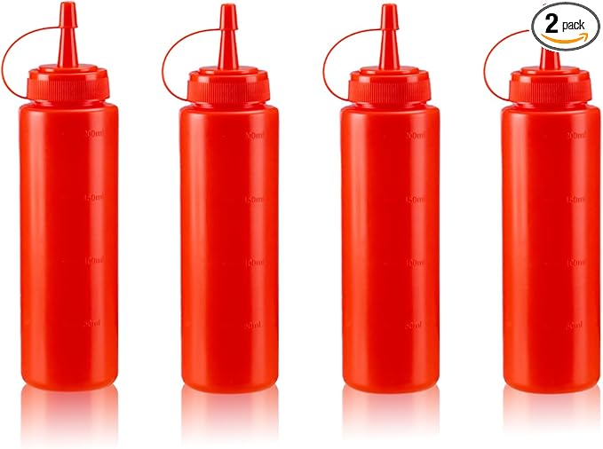 Squeeze Bottles for Sauces,Leak-Proof Condiment Dispenser, BPA-Free Kitchen Restaurant Squeeze Bottle Set with Wide Mouth for Ketchup, Mustard,Syrup,Dressings (Red, 4Pack-8oz(200ml))