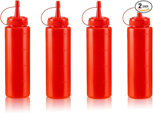 Squeeze Bottles for Sauces,Leak-Proof Condiment Dispenser, BPA-Free Kitchen Restaurant Squeeze Bottle Set with Wide Mouth for Ketchup, Mustard,Syrup,Dressings (Red, 4Pack-8oz(200ml))