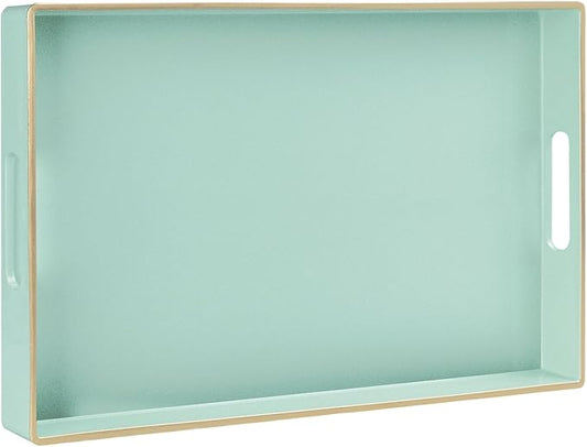 MAONAME Mint Green Serving Tray with Handles, Modern Decorative Trays for Coffee Table, Plastic Rectangular Trays for Ottoman, Bathroom, Decor, 15.8” x 10.2” x 1.4"