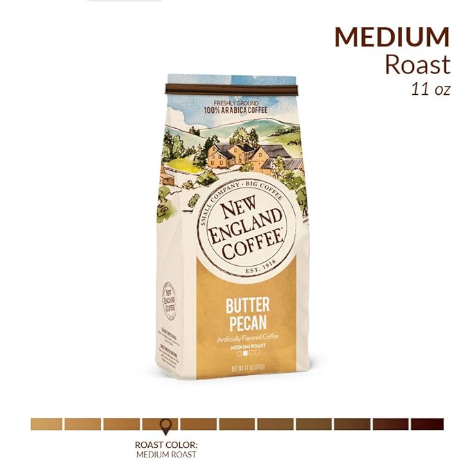New England Coffee Butter Pecan Medium Roast Ground Coffee, 11oz Bag (Pack of 1)