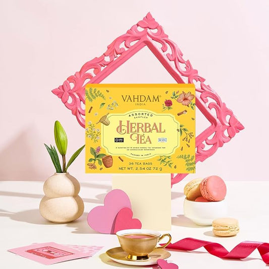 VAHDAM, Assorted Herbal Tea Variety Pack (6 Variants, 36 Tea Bags) Caffeine Free, Gluten Free, Non GMO | Eco Friendly Long Leaf Pyramid Tea Bags I Valentines Day Gift Set for Him & Her